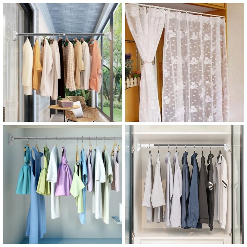 Telescopic Clothing Rod Punch-free Adjustable Shower Curtain Rods And Accessories Extendable Stainless Steel Simple Support Rod
