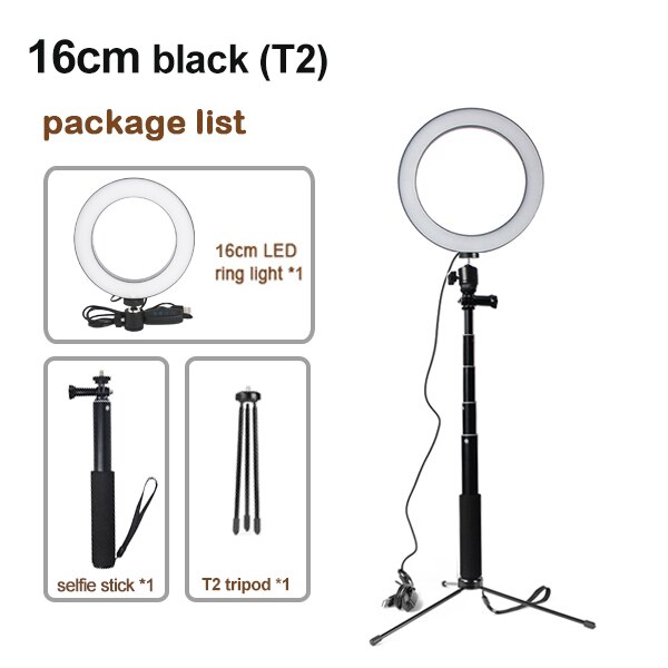 LED Studio Camera Ring Licht Fotografie 16cm 20cm 26cm Foto Camera Ring Licht Met Statief USB Plug voor Telefoon Houder Make Up: 16cm Black