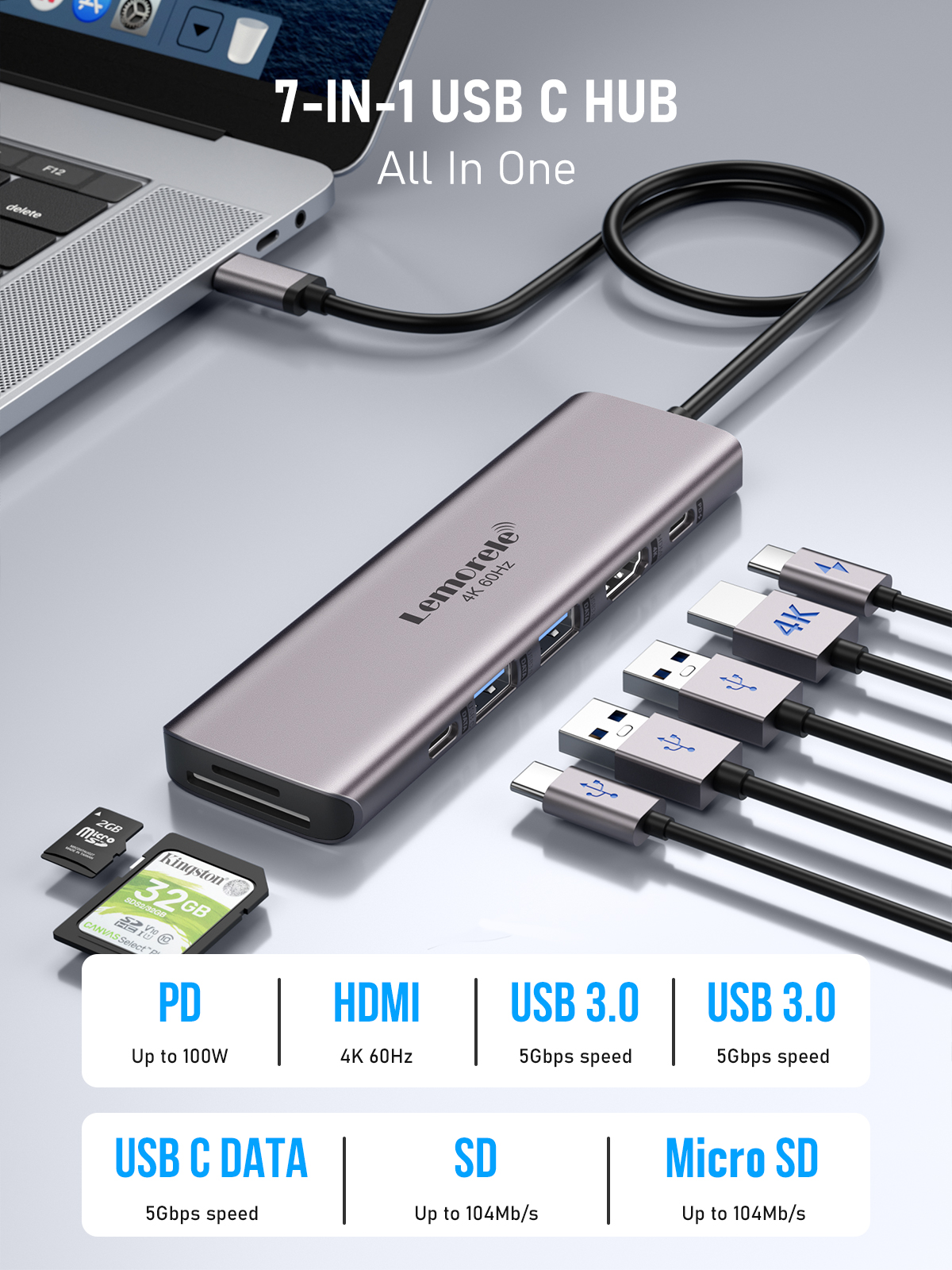 Lemorele 7in1 USB HUB Docking Station USB c Hub HDMI 4K 60Hz USB 3.0 Adapter PD100W Lading voor Macbook Pro Laptop Accessoires