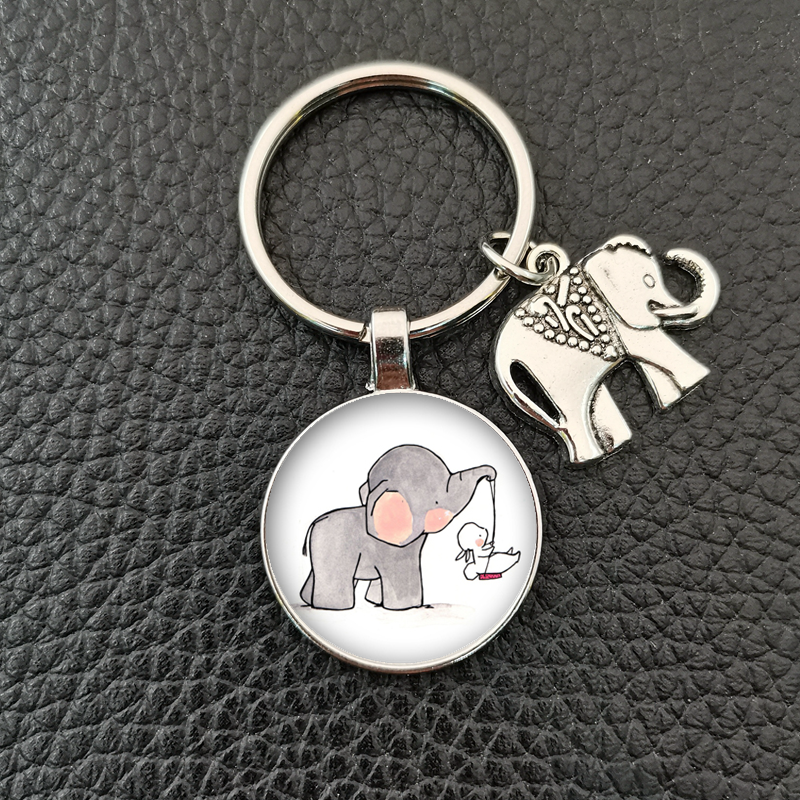 , llavero redondo convexo de cristal con de elefante y elefante bebé hecho a mano, llavero de coche, accesorios de boutique: Plata oscura