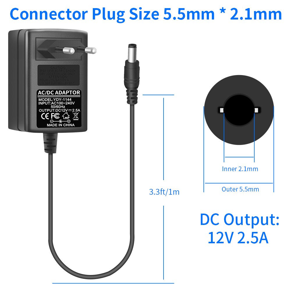 Fuente de alimentación AC 100-240V a DC 12V 2A 2.5A, convertidor de 5,5mm x 2,1mm, adaptador de conmutación para cámaras CCTV, DVR, NVR, tira LED