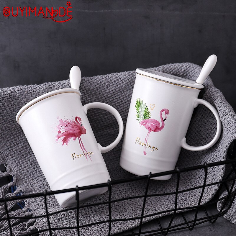 Tegneserie flamingo keramik kop nordisk stil guld kaffekop med låg med ske krus simpel kontor kaffe mælkekop