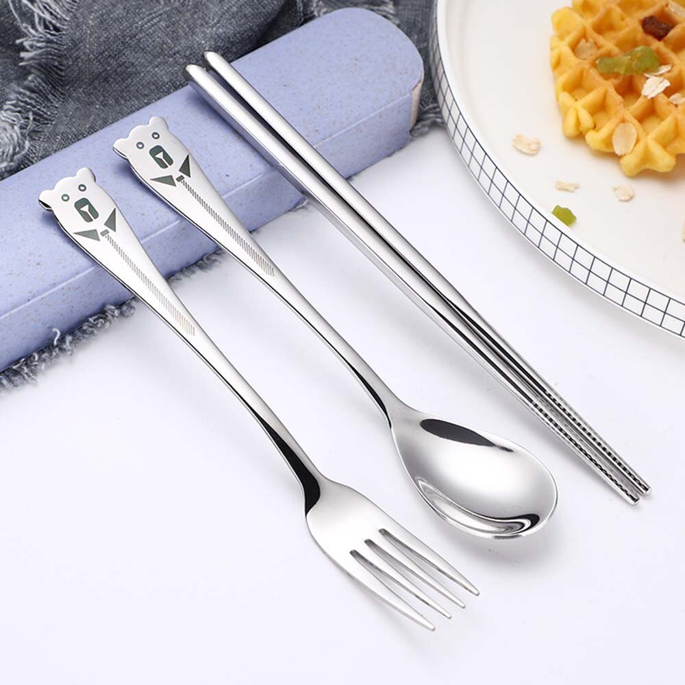 1 Set Cartoon Stainless Steel Portable Cutlery Set Children's Student Fork Spoon Chopsticks 3 Piece Set 2 Piece Set: Green 3