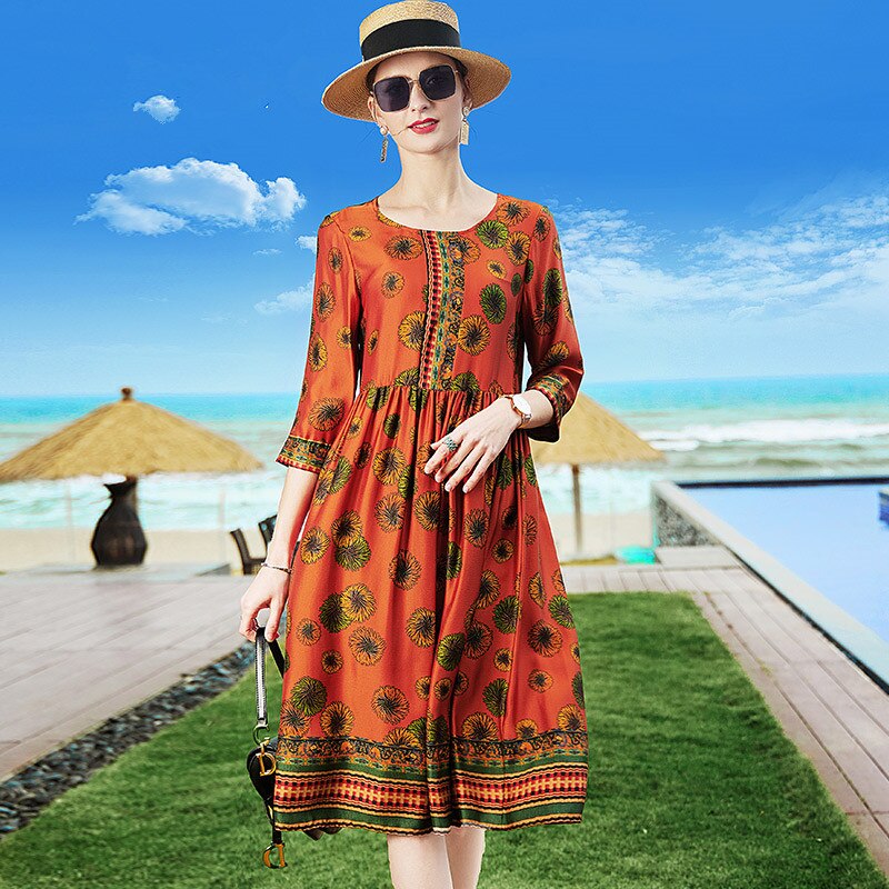 thumbnail: Ginell 100% Pure Moerbeizijde Vleermuismouwen Pullover - Plus Size Zijden Kaftan Jurk, Stijl B Red Pony
