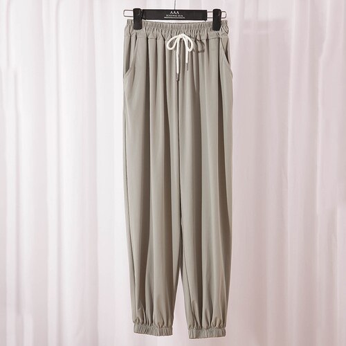 Pantalones largos hasta el tobillo para mujer, ropa de estar por casa, con pliegues cómodos, cintura elástica: gray / M
