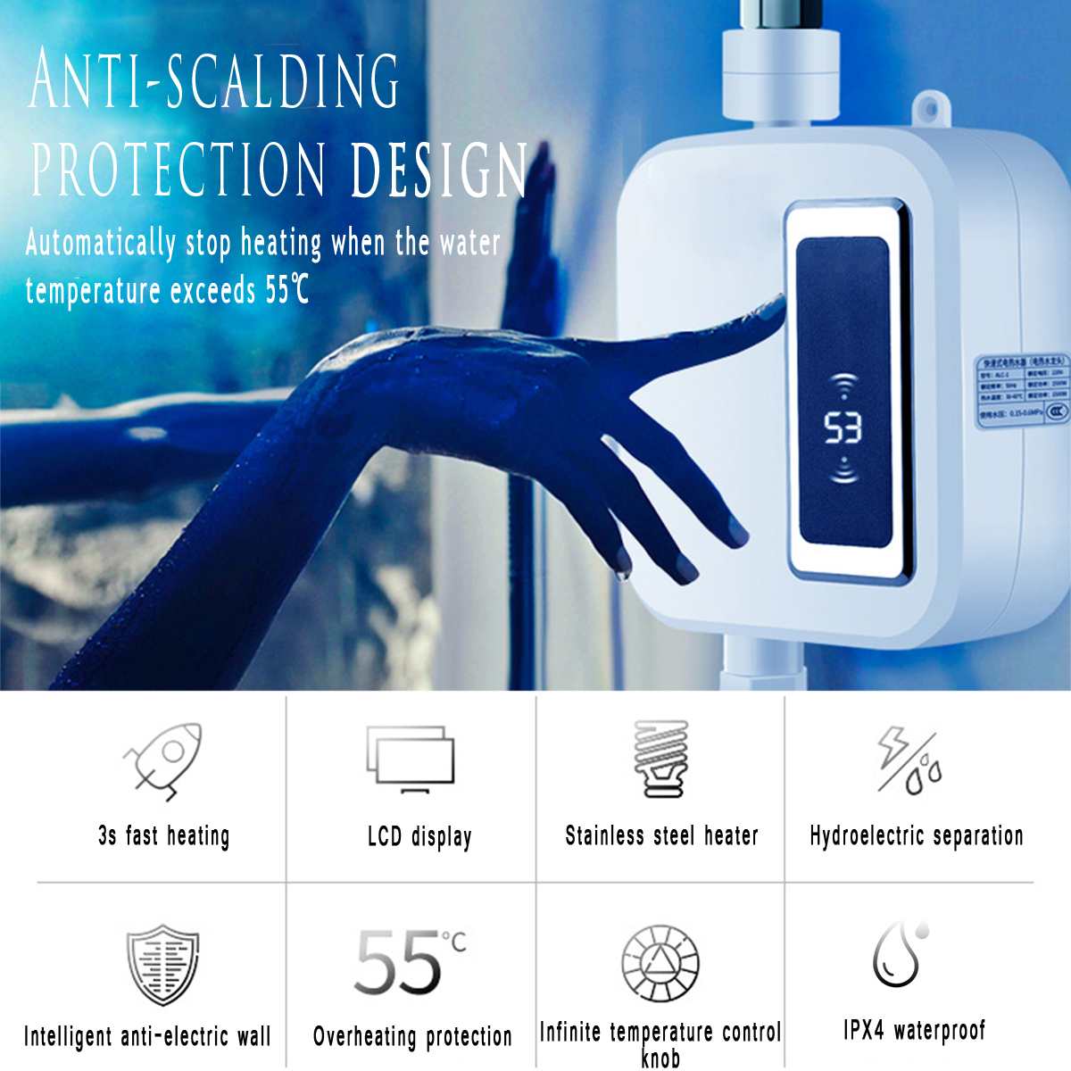 3500W Stainless Steel Electric Water Heater Mini Instant Tankless Kitchen Bathroom Water Heater Temperature Control LCD Display