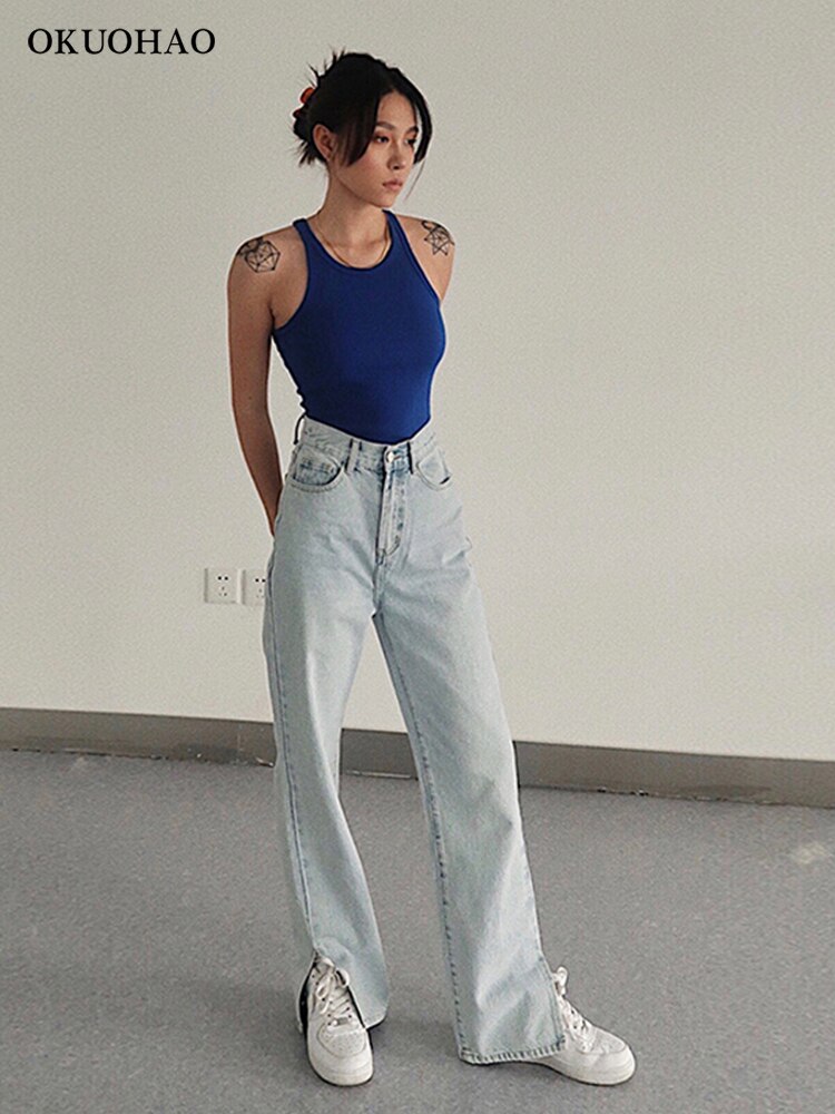 Okuohao hoge taille jeans rechte pijpen broek vrouwen wijde pijpen jeans losse mode boyfriend jeans items voor vrouwen