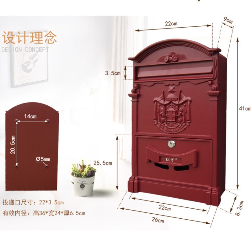 Lockable Secure Mail Letter Post Box Vintage Metal Mail Box Garden Ornament Retro wall-mounted Mailbox CW238