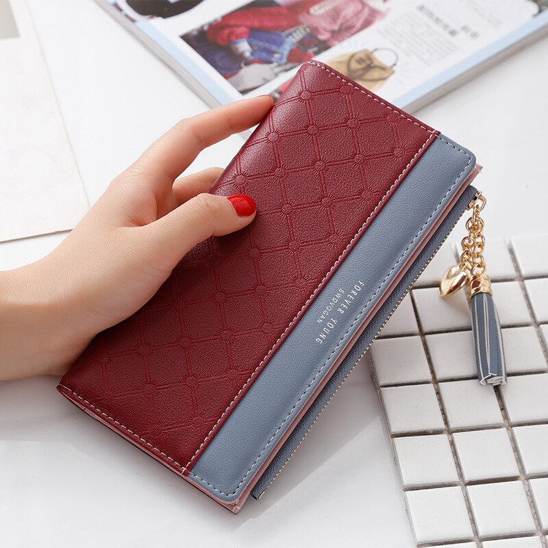 estilo ! Billetera larga para mujer estilo coreano, tarjetero de , más billetera con borlas, monedero genial para estudiantes: Dark Red