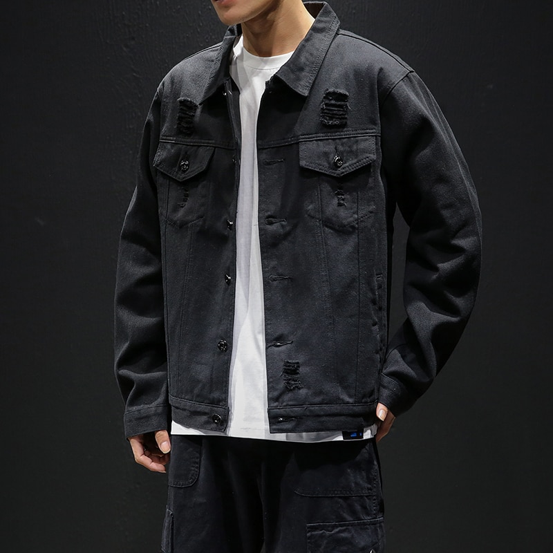 Men Light Blue Denim Jackets Holes Jean Jackets Streetwear Casual Denim Coats Men Cotton Outwear Slim Denim Jackets Size 5XL