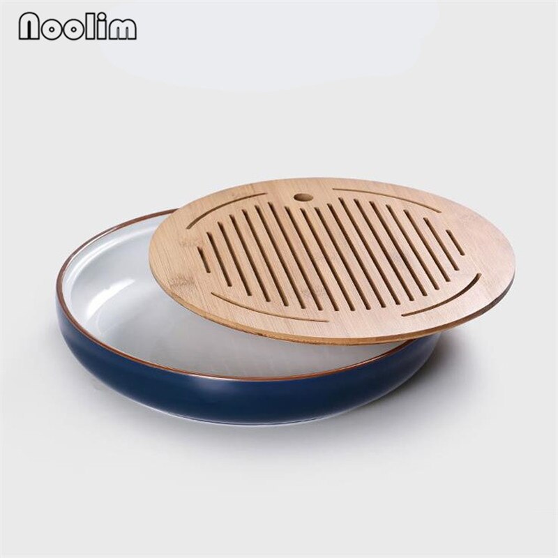 Ceramic Round Tea Tray Chinese Handmade Storage Holder Japanese Style Wooden Crafts Teahouse Table Teapot Tray Ornaments