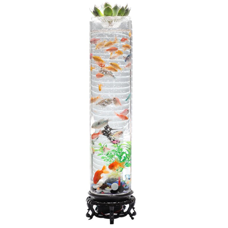 Standing Barrel Shape Fish Tank 360 Ultra Clear Glass Fish Bowl Desktop Mini Ecological Aquarium Room Decor with LED Air Pump