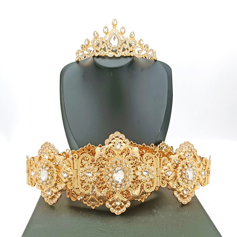 Abaya Metal Waist Chain for Women's Wedding Dress Body Jewelry Gold Moroccan Belt Adjustable Length Bridal Hair Jewelry Set: Set 4