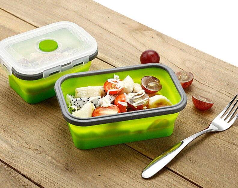 1200ML Silicone Foldable Lunch Box Collapsible Food Storage Container Bento BPA Free Microwavable Portable Picnic Rectangle Box: green / 500ML