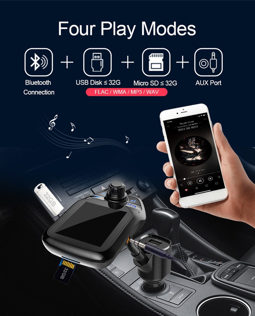 Car FM Transmitter Auto Scan Unused Station Radio Transmitter Adapter With QC 3.0 Quick Charging Port U Disk For Music