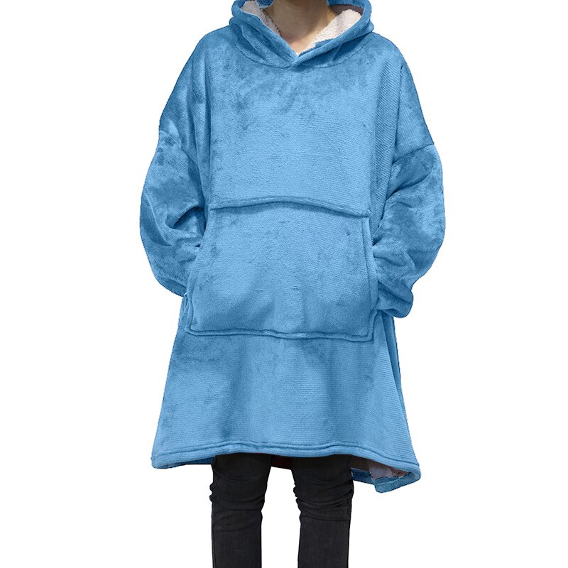 Sudaderas con capucha de lana de gran tamaño para hombre y mujer, manta de televisión con mangas y Bolsillo grande, Sudadera con capucha para exterior grueso de franela, Sudadera de felpa: Blue