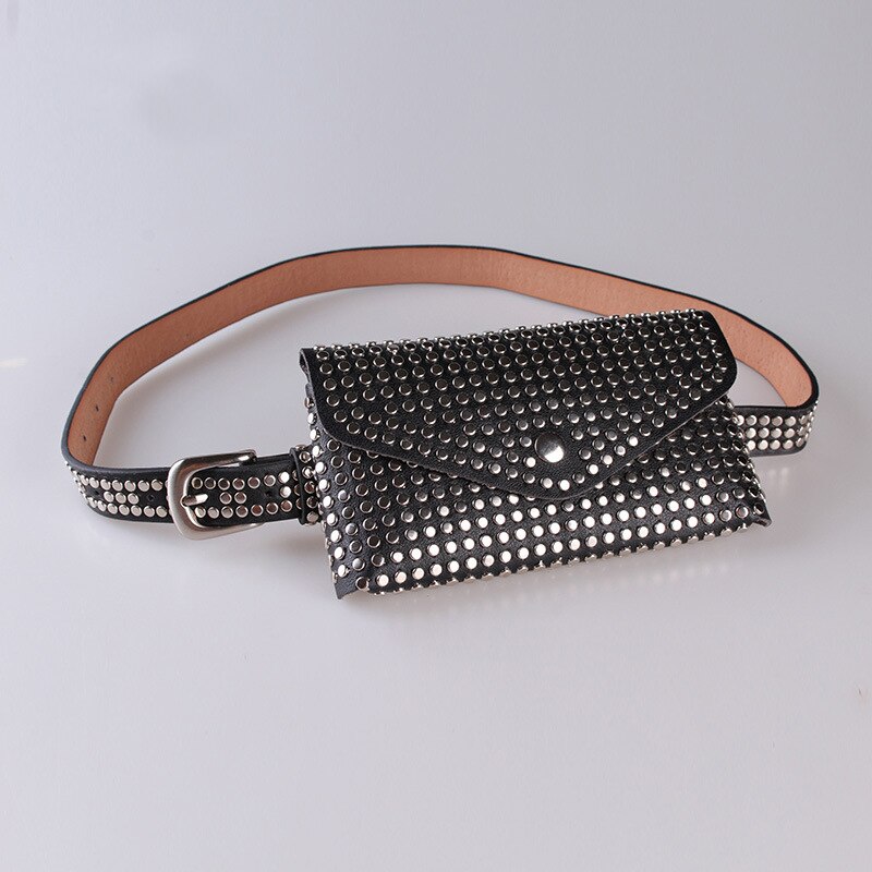Women Waist Bag Female Belt Brand Pu Leather Purse Rivet Fanny Pack Ladies Waist Pack Belly Bags: Black