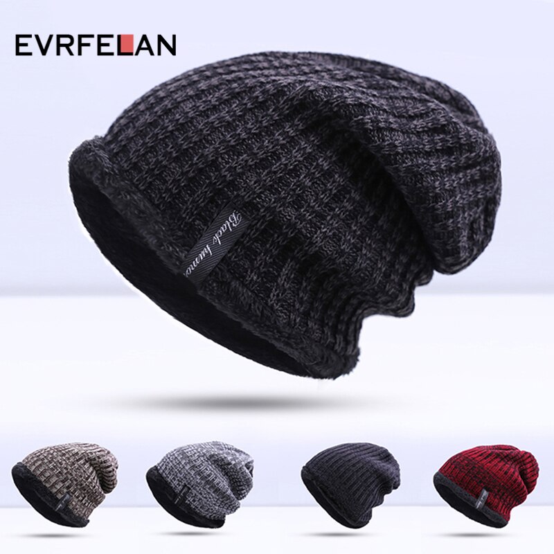 Evrfelan Vintage Winter Hat for Men Casual Knitted Beanies Hats Male Thicken Men's Winter Skullies Cap Plus Velvet Keep Warm
