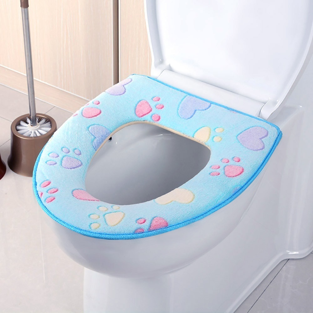 Bathroom Warmer Toilet Seat Cloth Soft Closestool Washable Lid Top Cover Pad small printed protector wc desechable: Blue