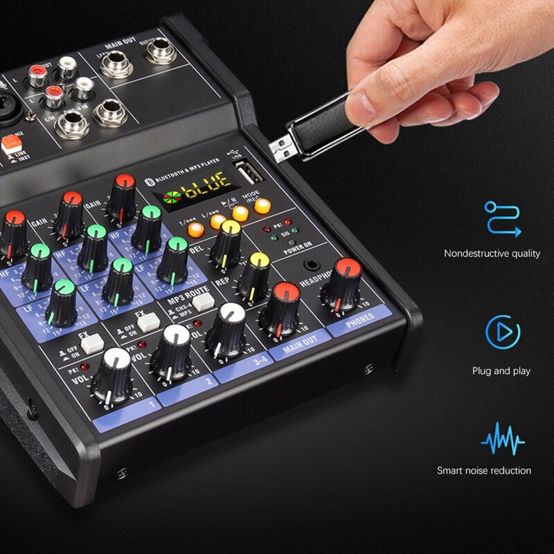 Mélangeur Audio Portable, 4 canaux, Bluetooth, pour Console Dj, pour spectacle à domicile, scène en plein air, église, école
