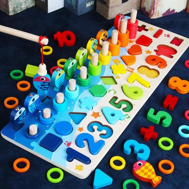 Giocattoli Montessori bambini educativi in legno pesca matematica conteggio geometria giocattolo per bambini regali di festa: 5 in 1Ocean fishing