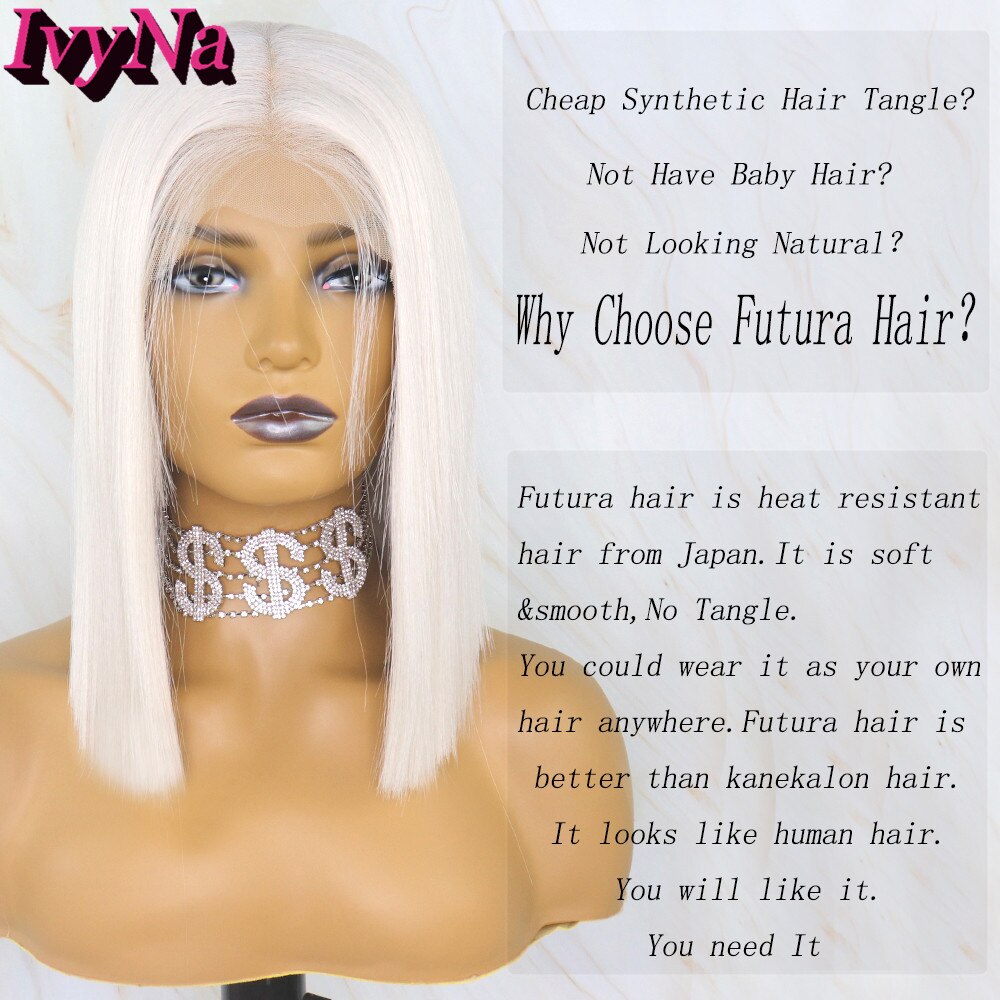 IvyNa Platin blond Kurze Bob Synthetische Spitze Vorderseite Perücken 13x6 Weiß blond 13x6 Spitze frontal Perücken schulter Länge Vor Gezupft