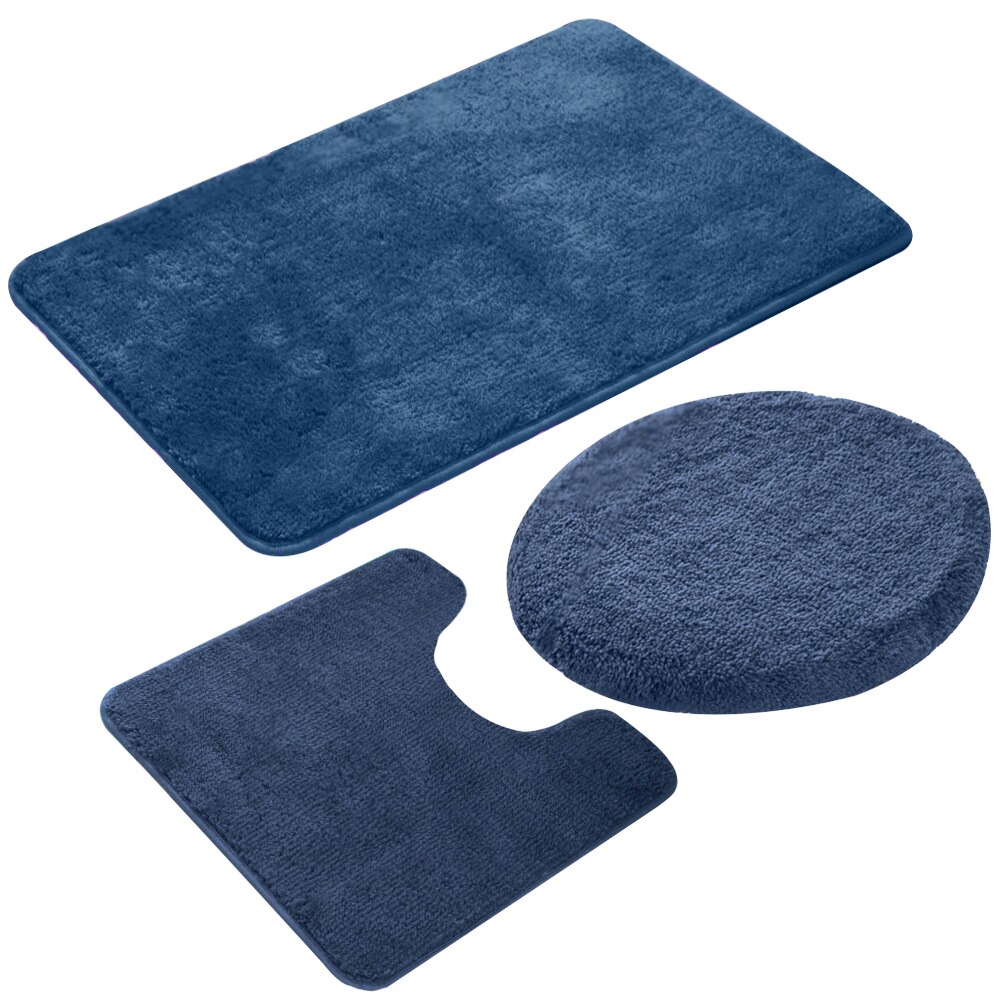 Bath Rug Sets 3 Piece for Bathroom Non Slip Bath Mat Set Washable Bathroom Rug Set Toilet Floor Mat Toilet cover: Navy blue