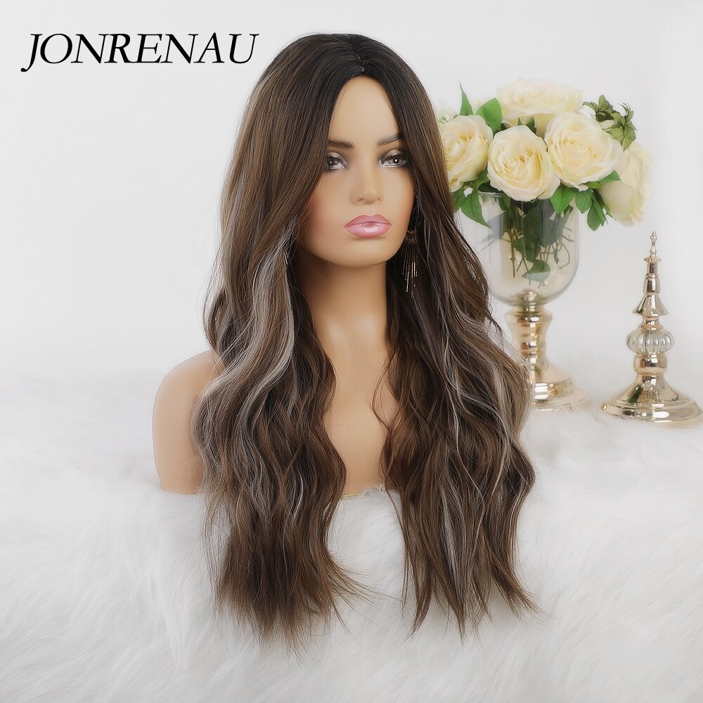 JONRENAU Long Synthetic Natural Wavy Dark Brown Hair Wig with highlight for White /Black women Daily Wear Wigs