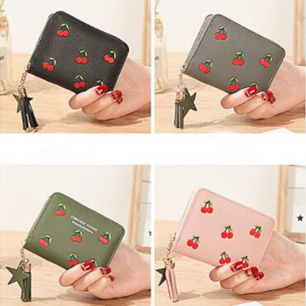 PU Cherry Embroidered Short Women Wallet Zipper Coin Purse Tassel Women Clutch Purses Cards Holder Coin Pocket