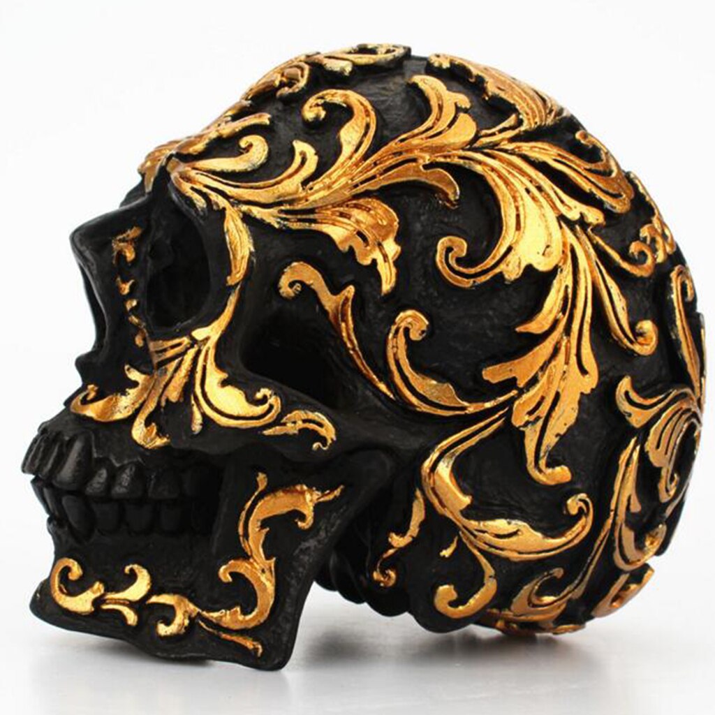 Sculptures de tête de crâne humain en résine, fleur d&#39;or, pour Collection d&#39;art, appréciation, , décoration