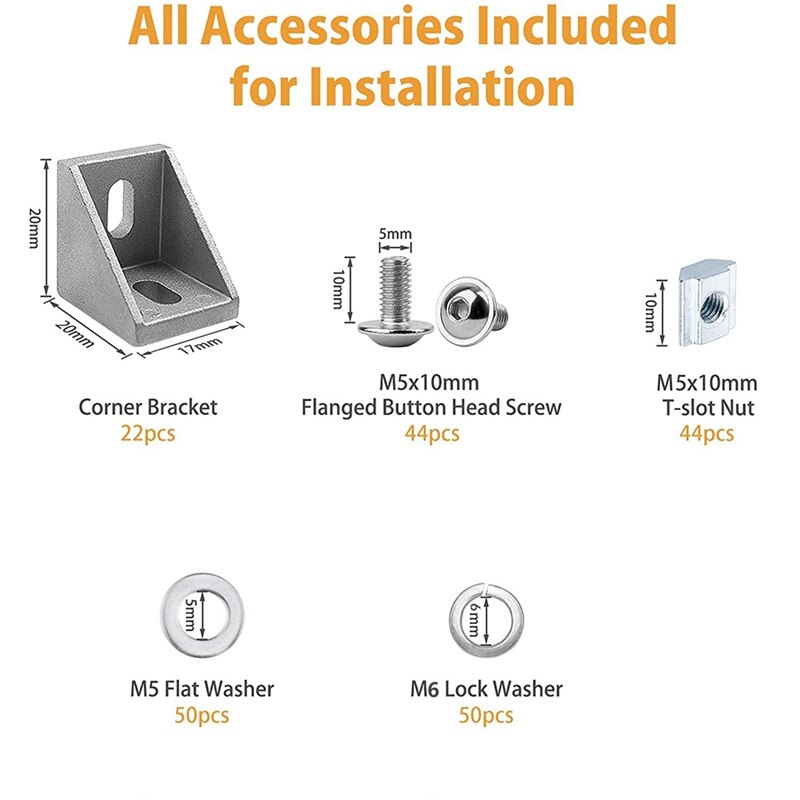 22Set Aluminum Profile Connector Set for Series Aluminum Extrusion Profile W Slot 6mm, Include 22Pcs Corner Bracket