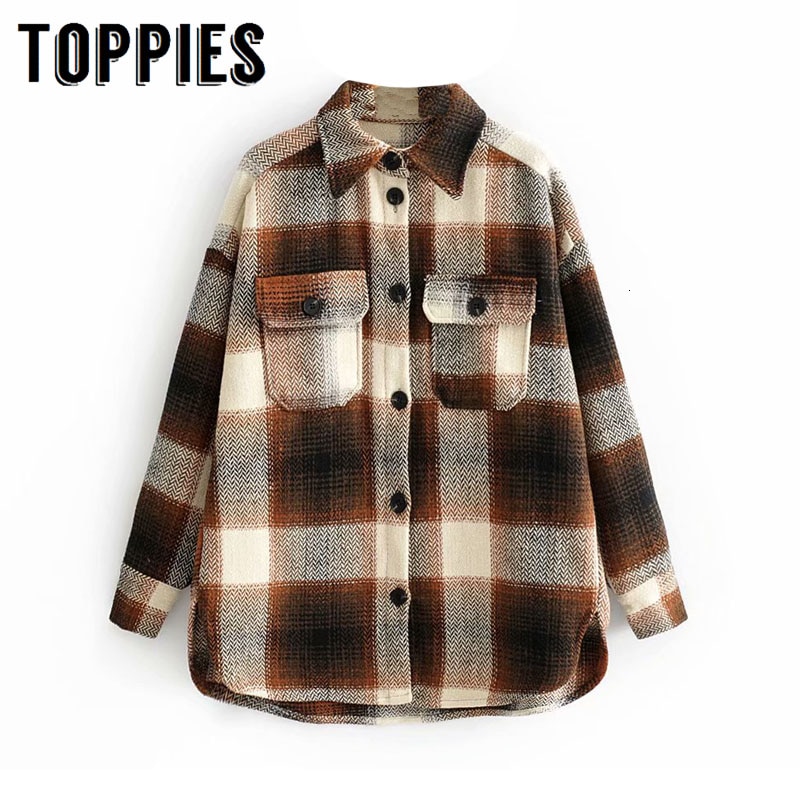 Kvinder plaid skjorte jakke vinter uld frakke enkeltradet oversize frakke revers toppe
