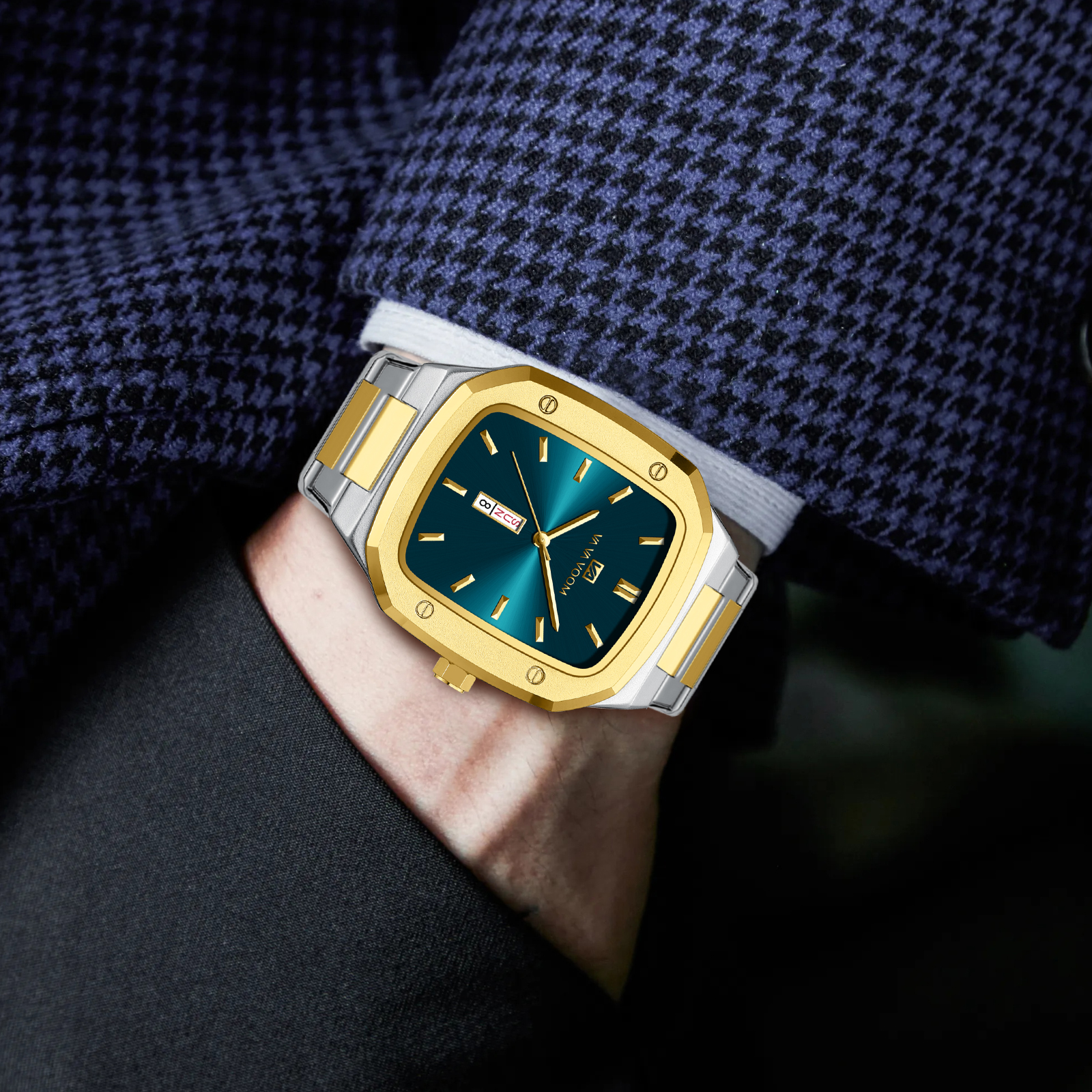 2024 reloj para hombre, correa cuadrada de acero inoxidable a la , oro azul, 3Bar, calendario semanal de cuarzo, reloj de pulsera deportivo de negocios simulado