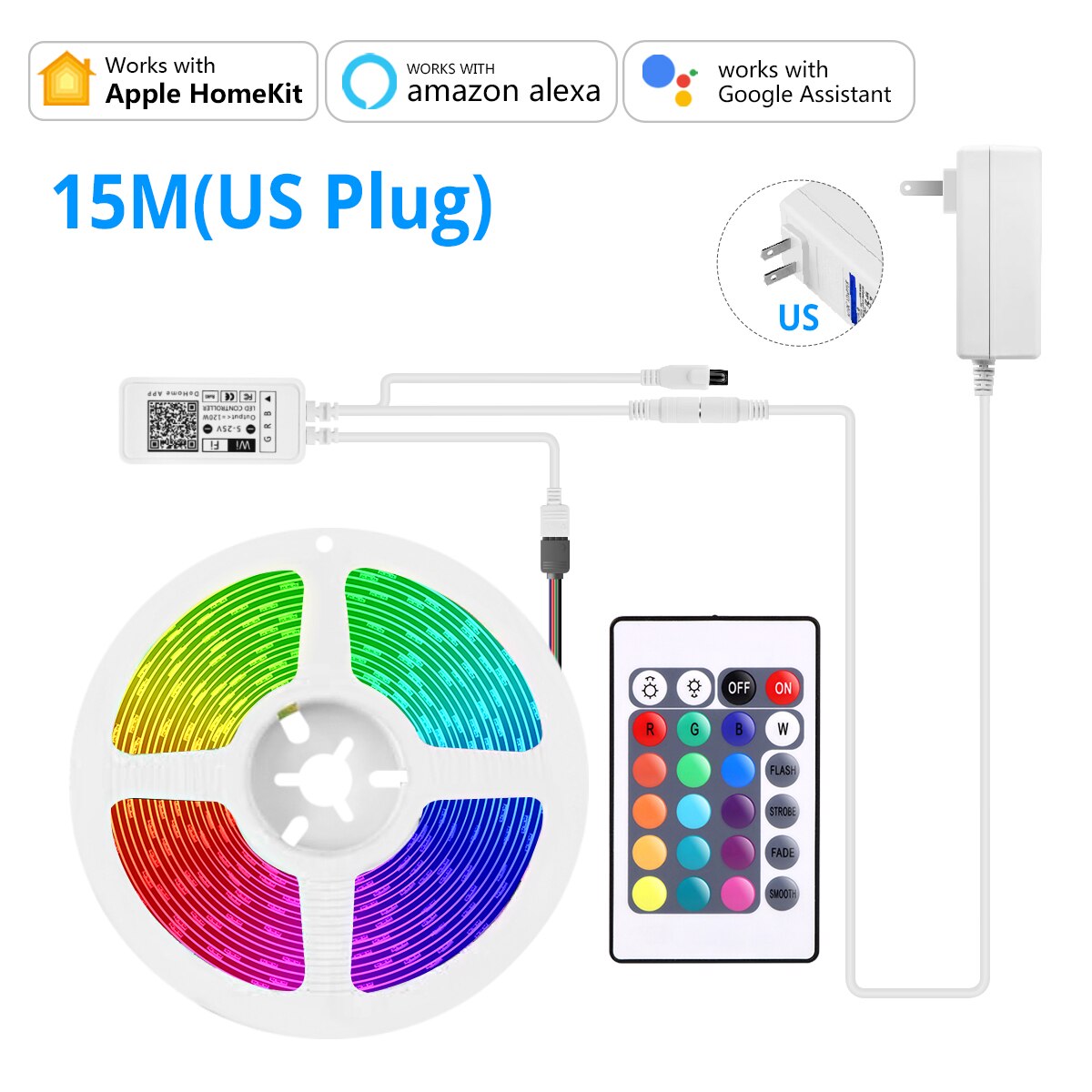 Apple Homekit Smart WiFi LED Strip EU US Plug 220V 110V Timing Function Alexa Google Home Alexa smart home lampada inteligente: 15M US Plug