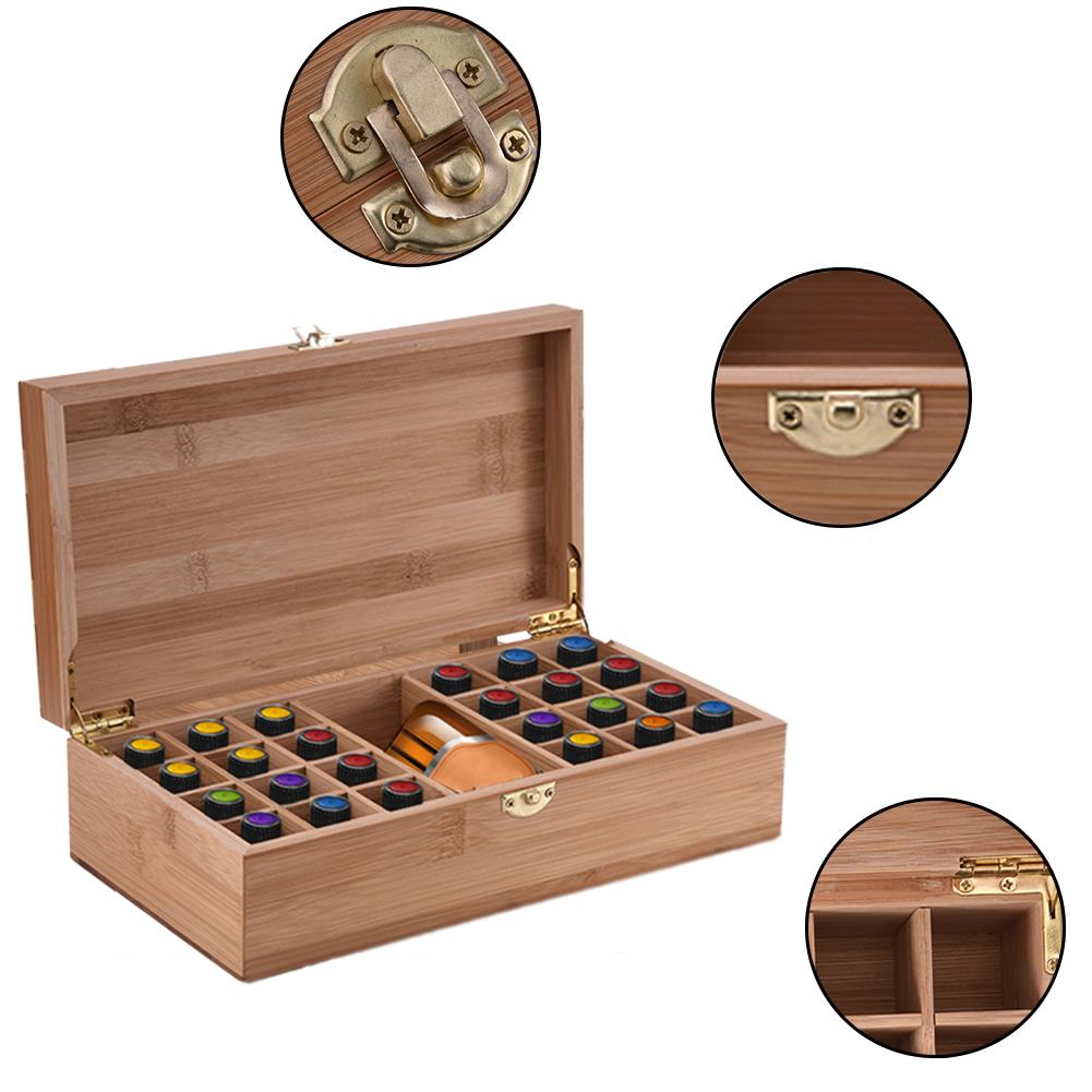 Boîte en bambou haut de gamme pour huiles essentielles, avec 25 grilles, boîtier de rangement en bois de protection, bricolage, pour ornement artistique, décoratif