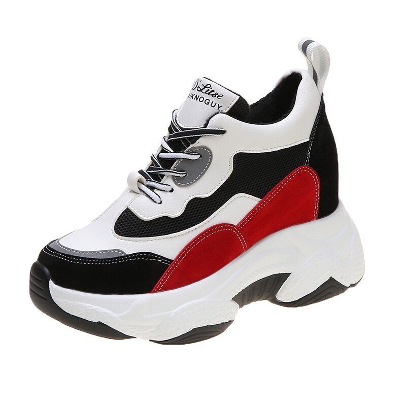 Fujin winter dames sneakers, zacht, warm, ademend, ronde neus, dikke zool, vrijetijdsschoenen met veters voor dames.: Rood / 6.5