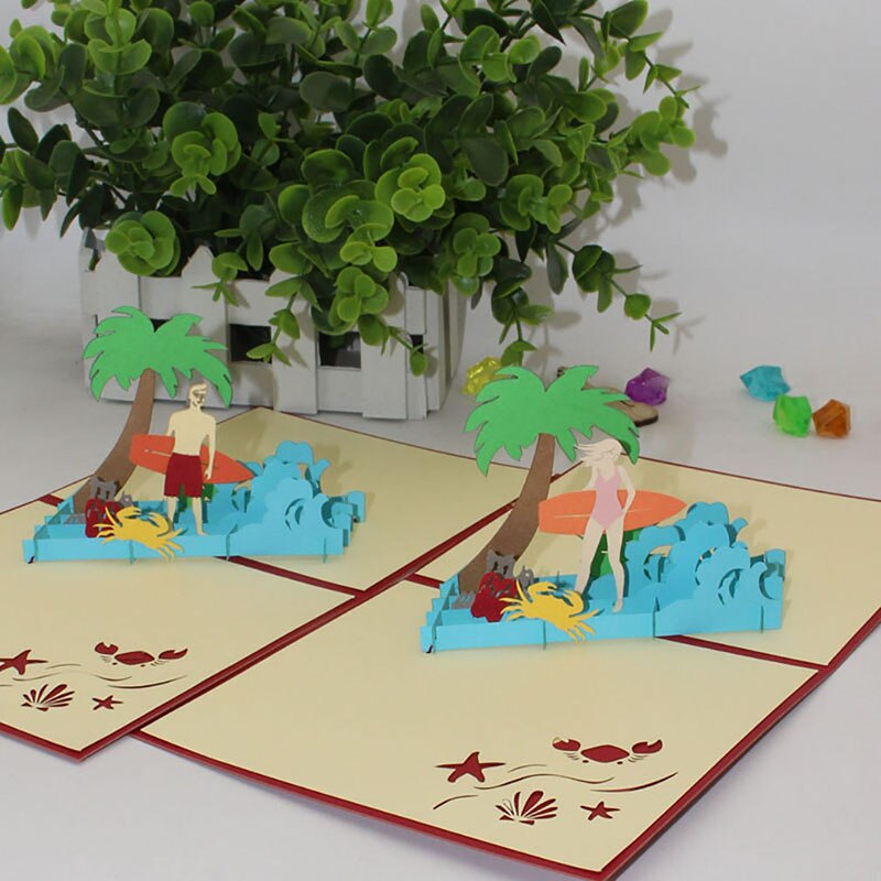 Paper Cut Origami Coconut Tree & Beach Greeting Card 3D Surfing Boy/Girl Cartoon Card