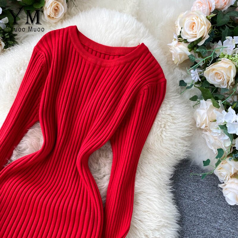 Yuoomuoo Vrouwen Gebreide Lange Jurk Herfst Winter Slanke Lange Mouwen Omzoomd Dames Jurken Elegante Partij Vrouwelijke Rode Trui Jurk