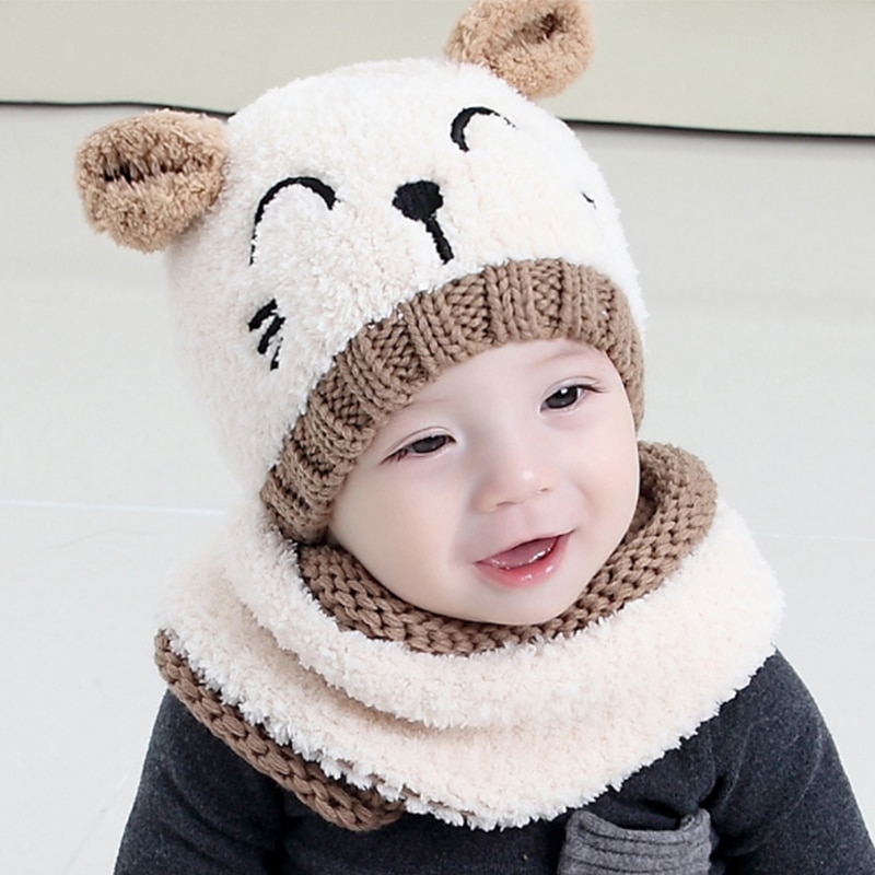 White/Khaki Color Winter Kids Cap Scarf Set For Girls Boys Warm Baby Set Cap And Scarf Lovely Kid Neckerchief