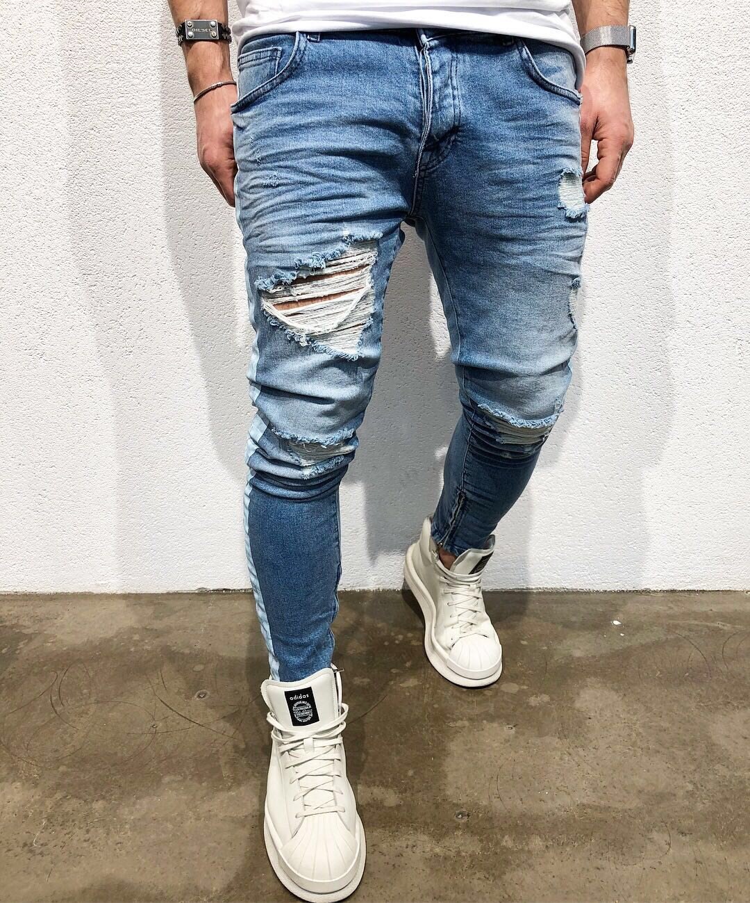 Witte Streep Op Side High Street Jeans Mannen Mode Mannen Denim Broek Katoen Zwart Blauw: 30