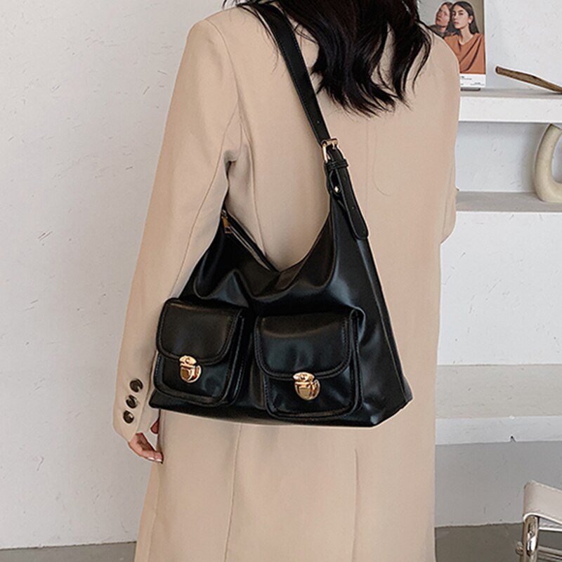 Bolso pequeño Hobo de piel negra para mujer, bandolera de hombro con múltiples bolsillos, Color puro, de de , populares,