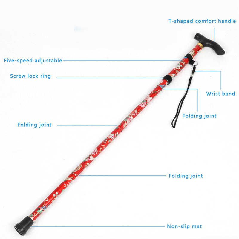 Lightweight Foldable Walking Sticks For Elderly Women Men Telescopic 93cm Adjustable Folding Floral Metal Cane Climbing Hiking