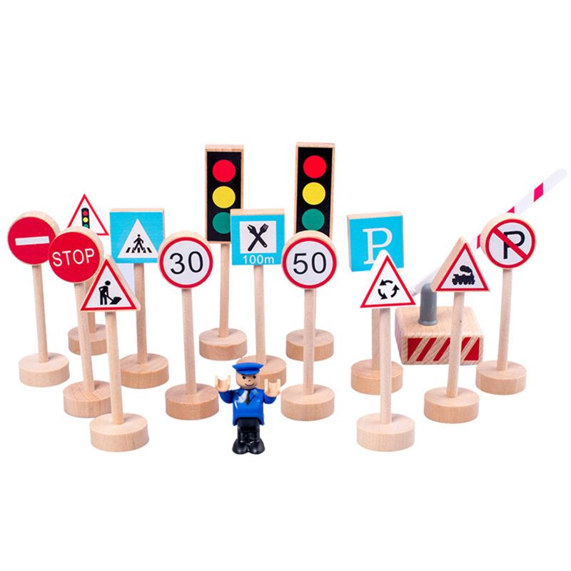 16PCS Colorful Wooden Street Traffic Signs Parking Scene Kids Children Education 97BD