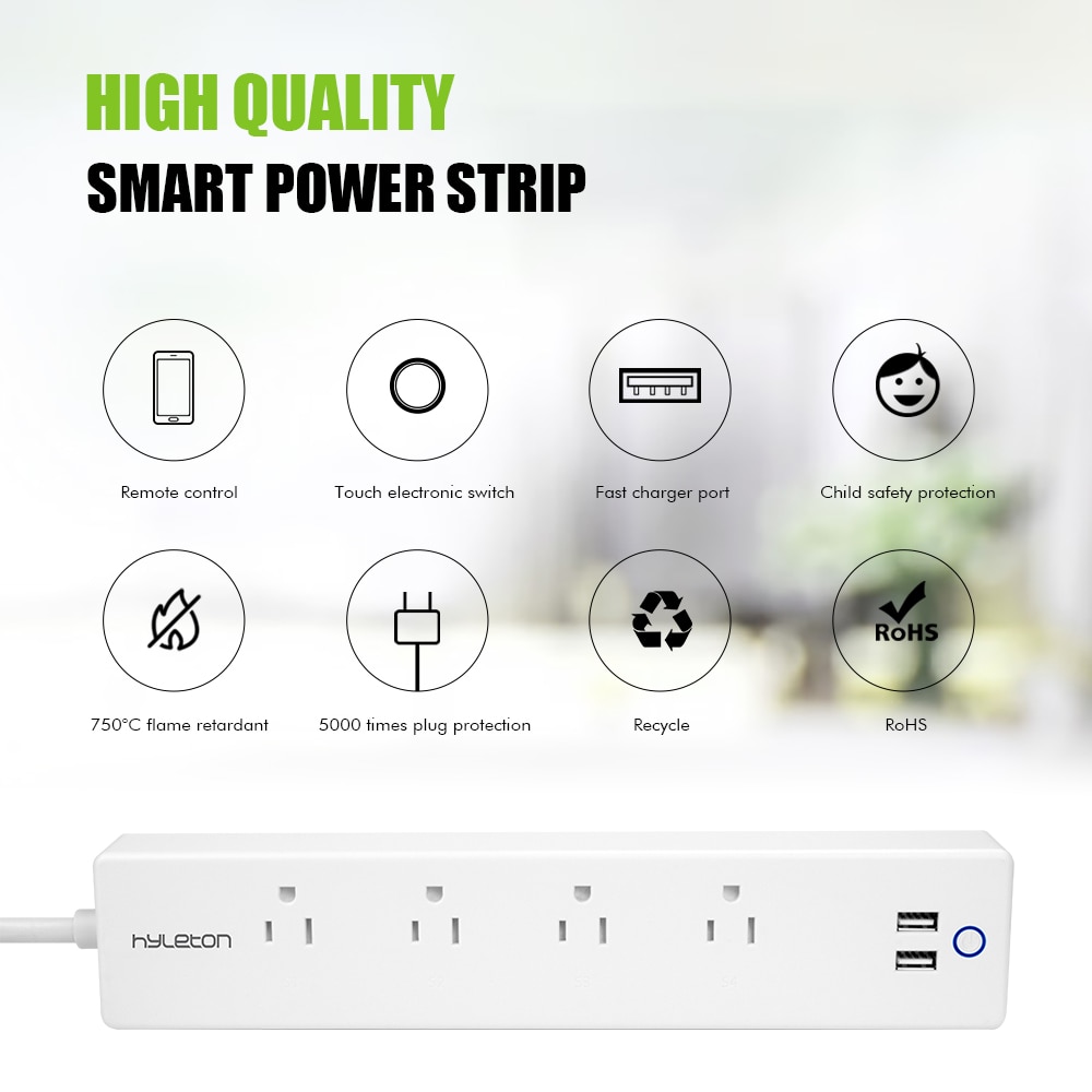 Hyleton wifi USB Power Strip smart US plug Overload Switch Surge Protector 4 Outlet 2 Port USB Charger 2m 15A wifi socket