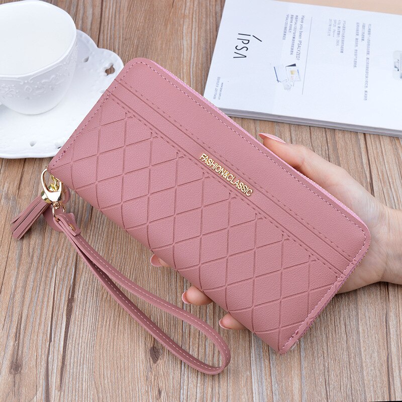 Women Pu Leather Wallets Multifunction Long Zipper Purses Female Coin Card Holders Phone Wallet Girls Portable Clutch: Dark pink