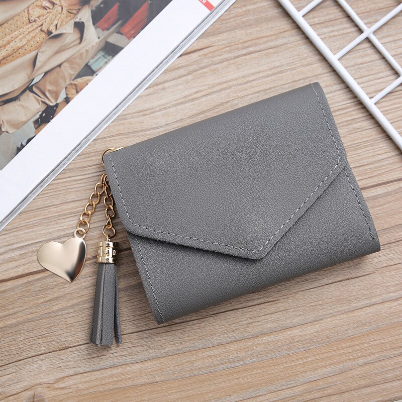 Women Wallet Cute Student Tassel Heart Pendant Short Wallet Small PU Wallet Coin Purse Ladies Card Bag For Women: dark gray