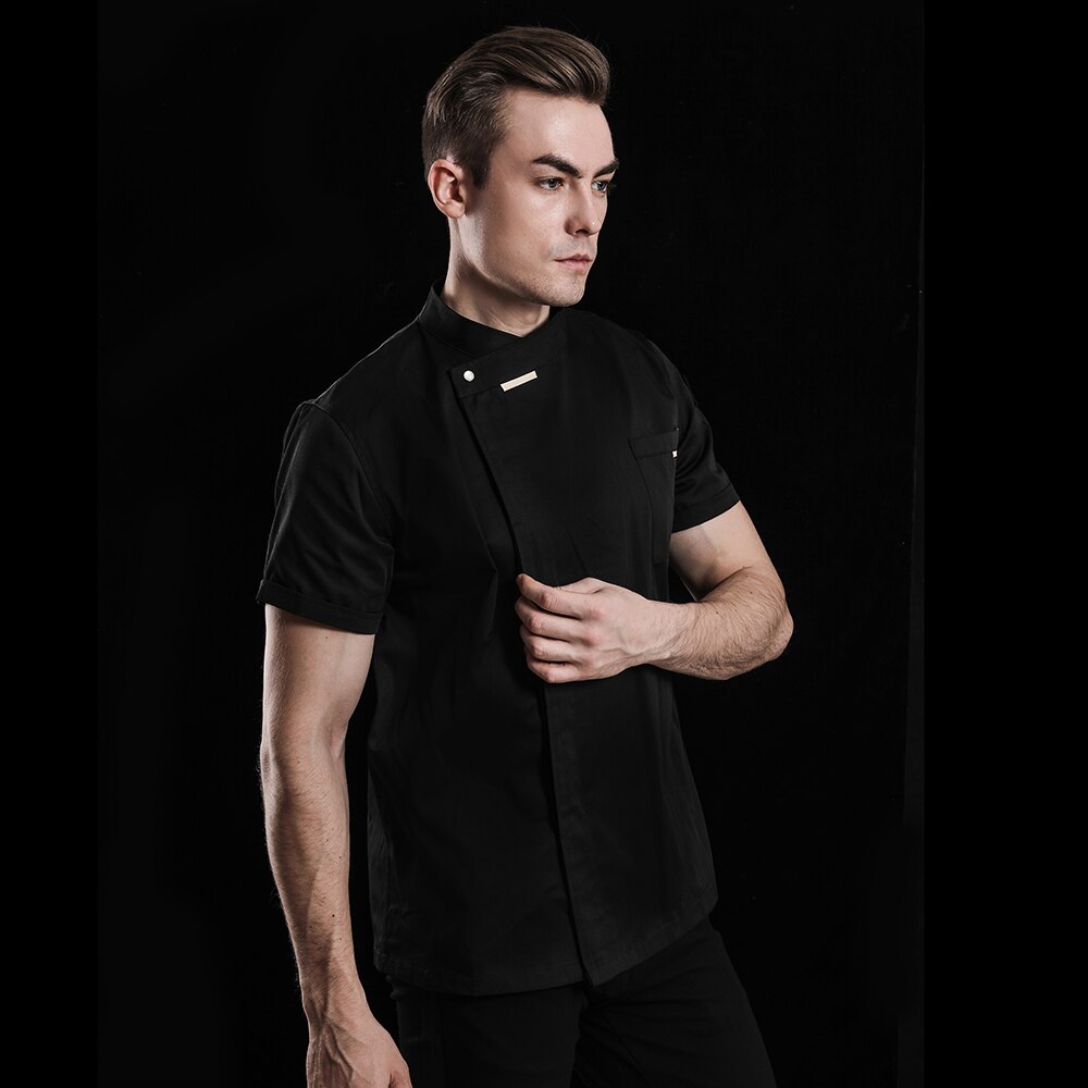 breathable short-sleeved chef uniform unisex chef cooking jacket Coffee shop waiter working uniform: Black chef suit / M