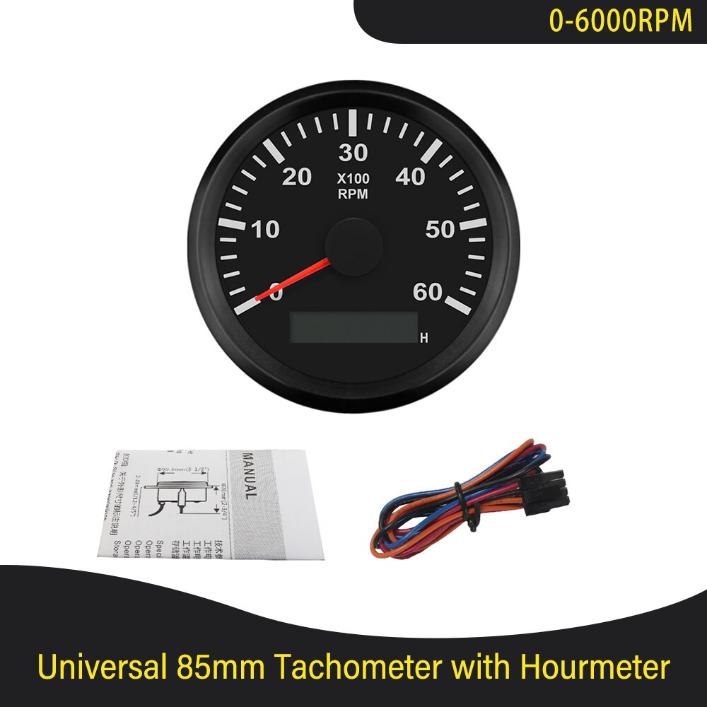 85mm Diesel Engine Tachometer with Digital Hourmeter 3K 4K 6K 7K 8K RPM for Marine Car Truck 9-32V with Red Backlight 12V 24V: 6K-BN
