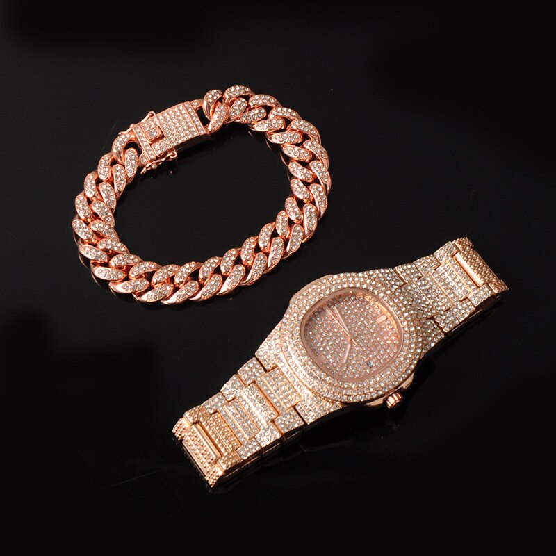 13 MILLIMETRI 3pz di Rosa Collana in Oro + Orologio + Del Braccialetto anca salto miami frenare Catena Cubana ghiacciato fuori Pavimentato strass CZ Bling per Gli Uomini Dei Monili