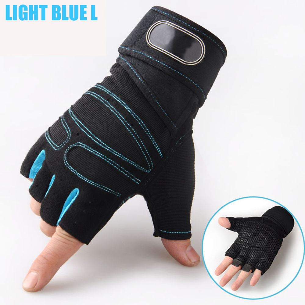 1 paire de gants d'équitation sport Fitness gants protéger poignet haltérophilie demi doigt gants Gym musculation formation gants: PU ciel / 10.5 pouces